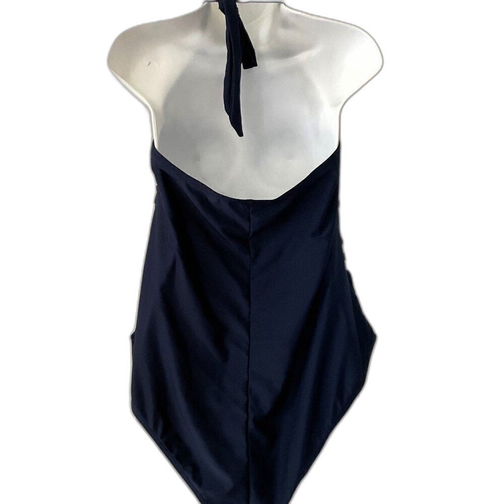 NEW Navy Cutout Halter Plunge Ruched One Piece Swimsuit - Picture 3 of 7